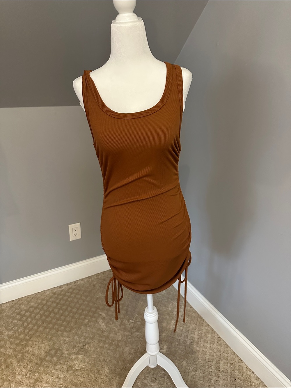 Ruched Tank Mini Dress in Rust Brown